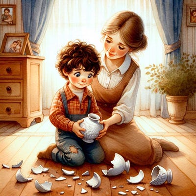 A child with his mother next to a broken vase