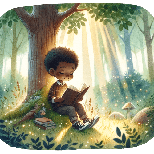 Child reading a book next to a tree