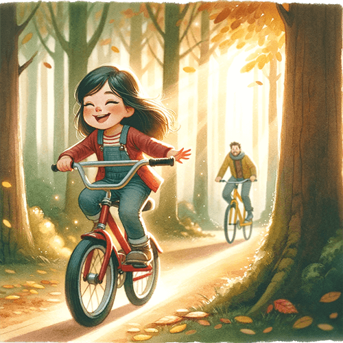 A girl biking through a forest