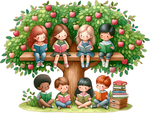 Children reading books in a tree-house